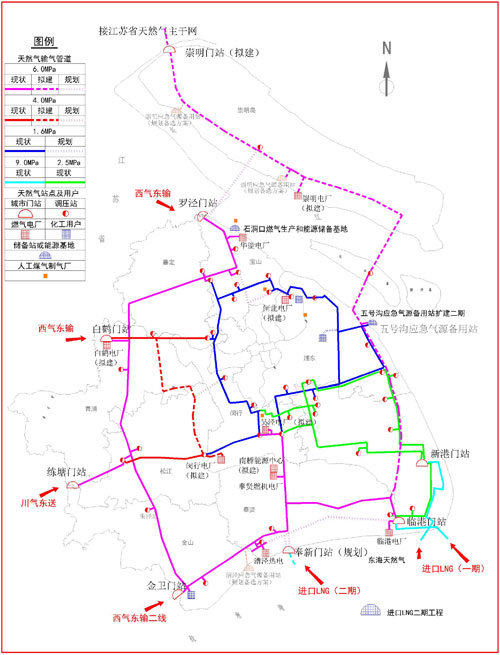 上海市天然氣主干管網(wǎng)和重點設(shè)施“十二五”規(guī)劃示意圖