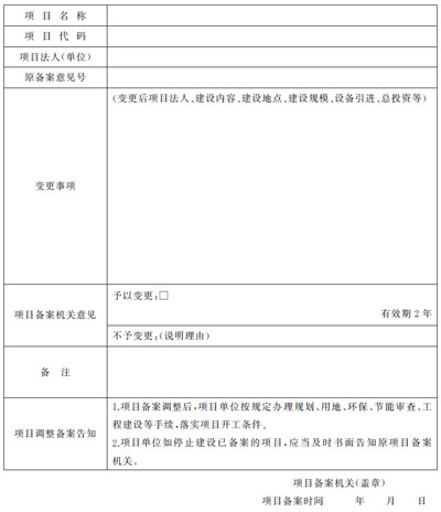 上海市企業(yè)投資項目備案變更意見